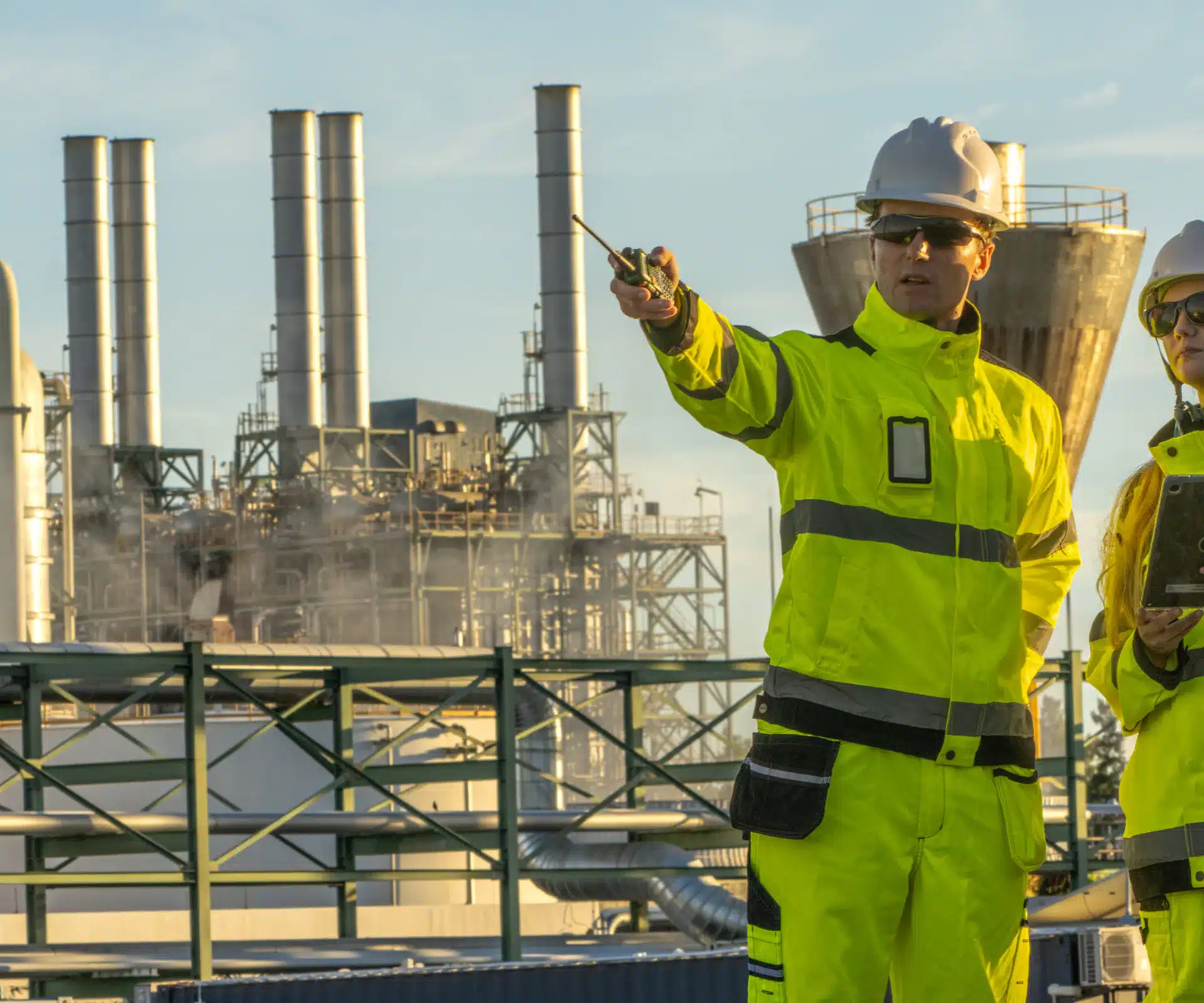 Deux ouvriers industriels en tenue haute visibilité